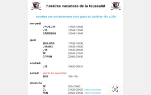 horaires Horaires d'entraînement TOUSSAINT