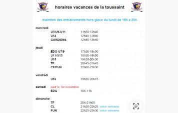 horaires Horaires d'entraînement TOUSSAINT