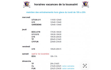 horaires Horaires d'entraînement TOUSSAINT